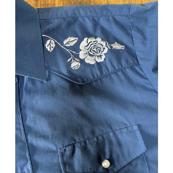 Mens Roper Blue Pearl Snap Western Style Shirt Rose‎ Design Cotton Blend Large - Picture 3 of 8